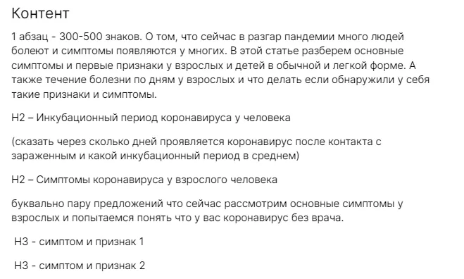 Скрин начальной части ТЗ с описанием вступительной части SEO-статьи