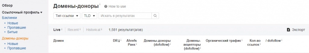 Скриншот Ahrefs Site Explorer, «Домены-доноры»