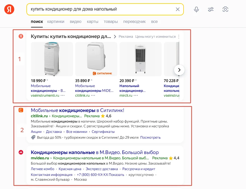 Товарная галерея (1) и премиум-блок контекстной рекламы (2)