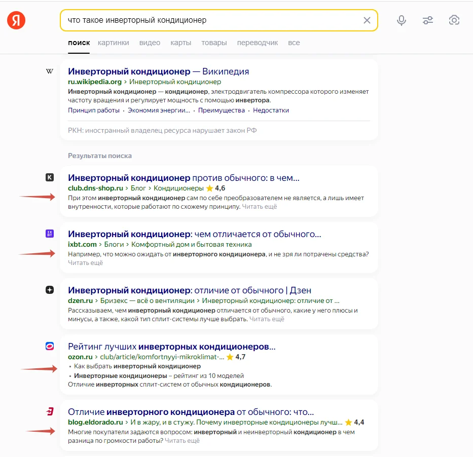 Стрелками показаны блоги коммерческих сайтов