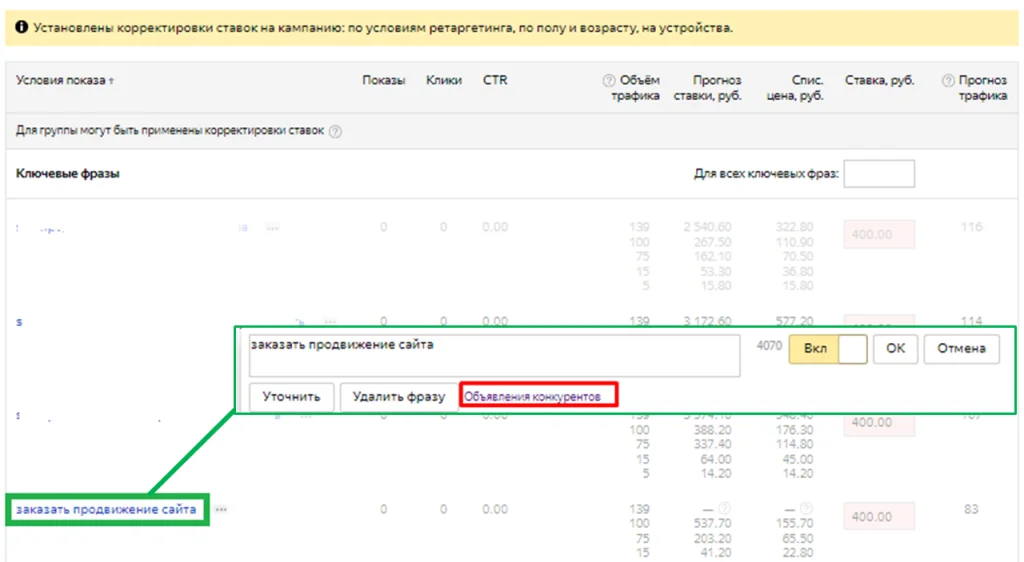 Ссылка на объявления конкурентов