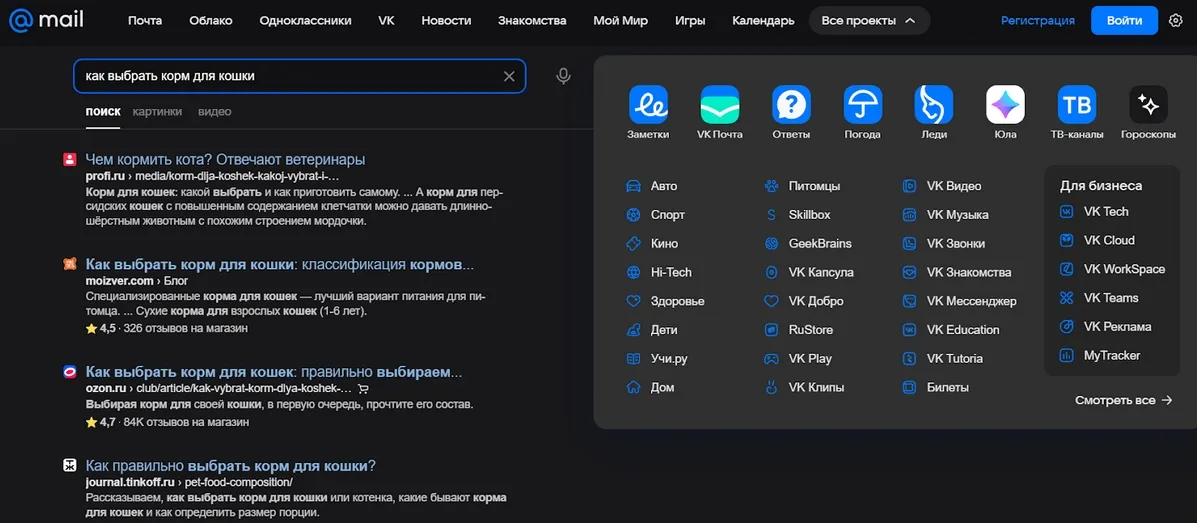 Пример выдачи в поиске Mail.ru