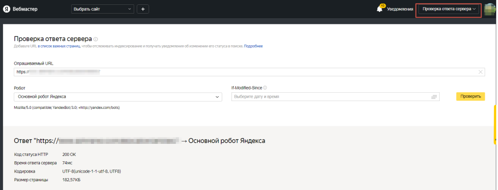 «Проверка ответа сервера» позволяет оценить ответ любой страницы, не обязательно вашего сайта