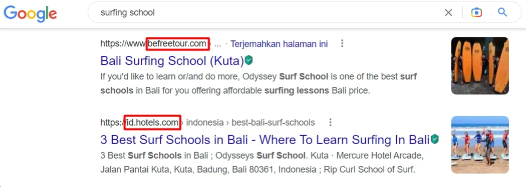 Поисковая выдача на Бали